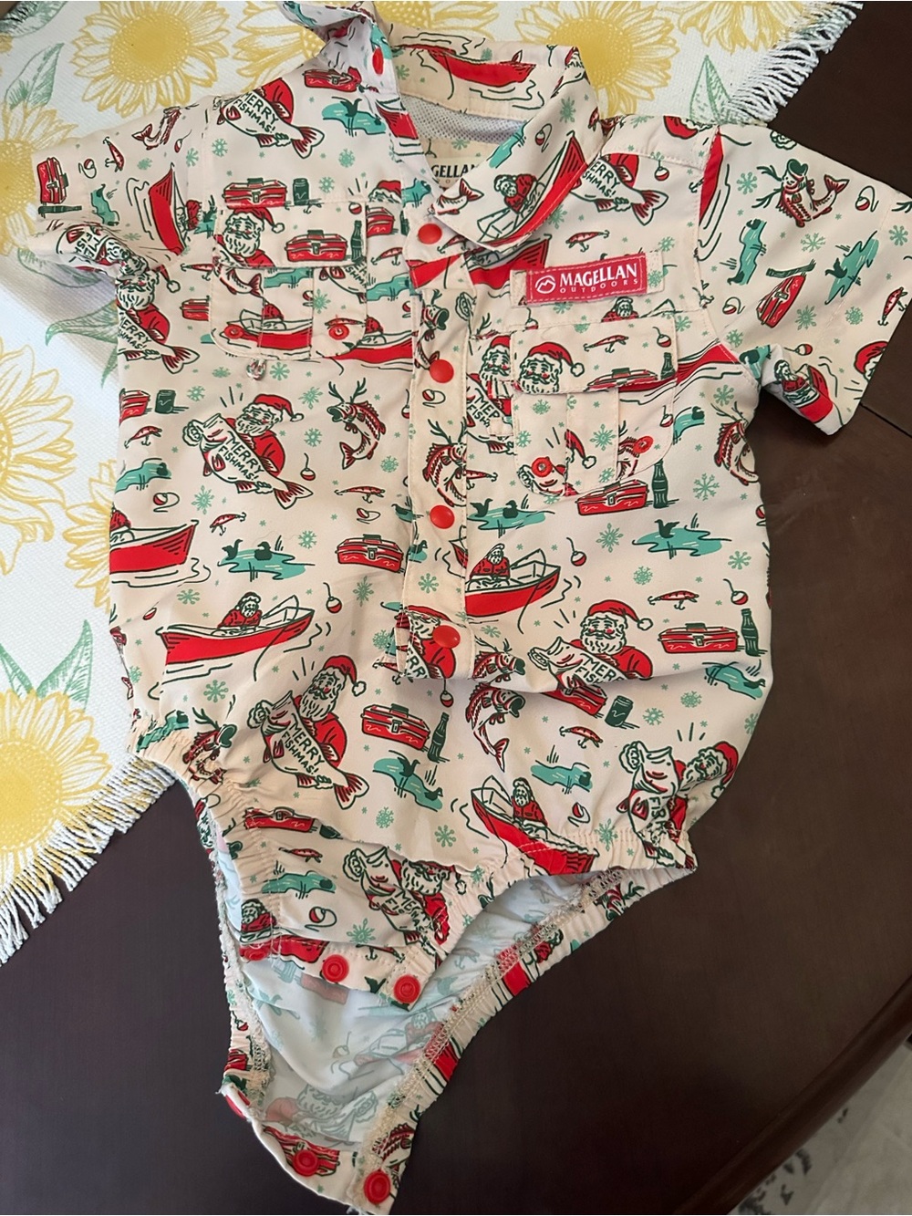 Magellan Outdoors Beige One-Piece with Red and Green Boat Print